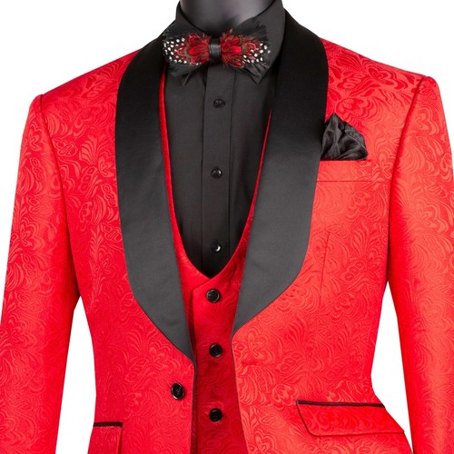 VINCI Men's Red Jacquard 3 Piece Slim Fit Tuxedo Wedding Suit NEW - Picture 2 of 4