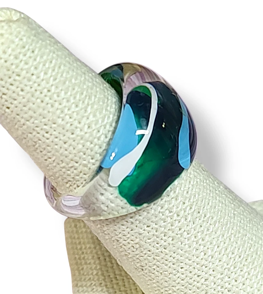 Anillo Cúpula Estilo Vintage Resina Lucite Arte Moderno Verde Azul Talla 6 Retro Foto 4 de 4