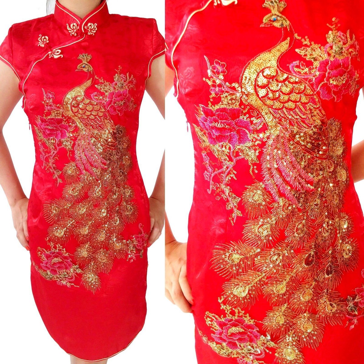 Vestito Asiatico Motivo Pavone Mini Abito Geisha/Qipao In Seta Motivo Pavone - Costume Asiatico Taglie 34-48, Nuovo Senza Etichette Costume Party Geisha Tailandia Vestito Asiatico Motivo Pavone Mini Abito Geisha/Qipao In Seta Motivo Pavone - Costume Asiatico Taglie 34-48, Nuovo Senza Etichette Costume Party Geisha Tailandia