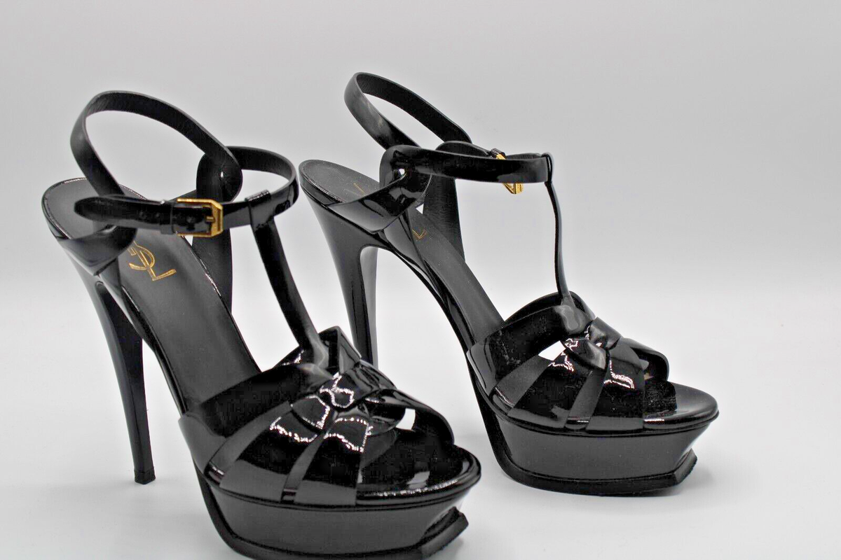 Saint Laurent Tribute T-Strap Platform Black Patent Sandals - Size