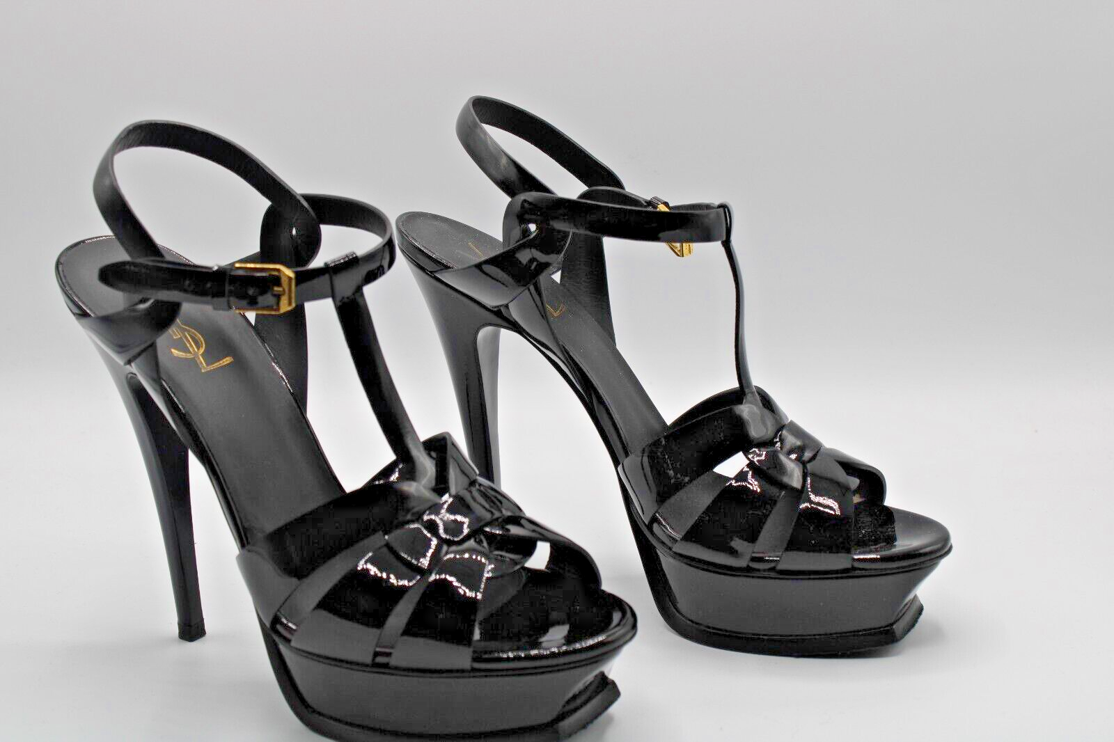 Sandali neri verniciati Saint Laurent Tribute cinturino a T plateau taglia 39 5