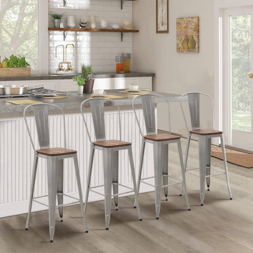 Set of 4 High Back Metal Stool 30" Seat Bar Height Industrial Bar Stools - Picture 3 of 8