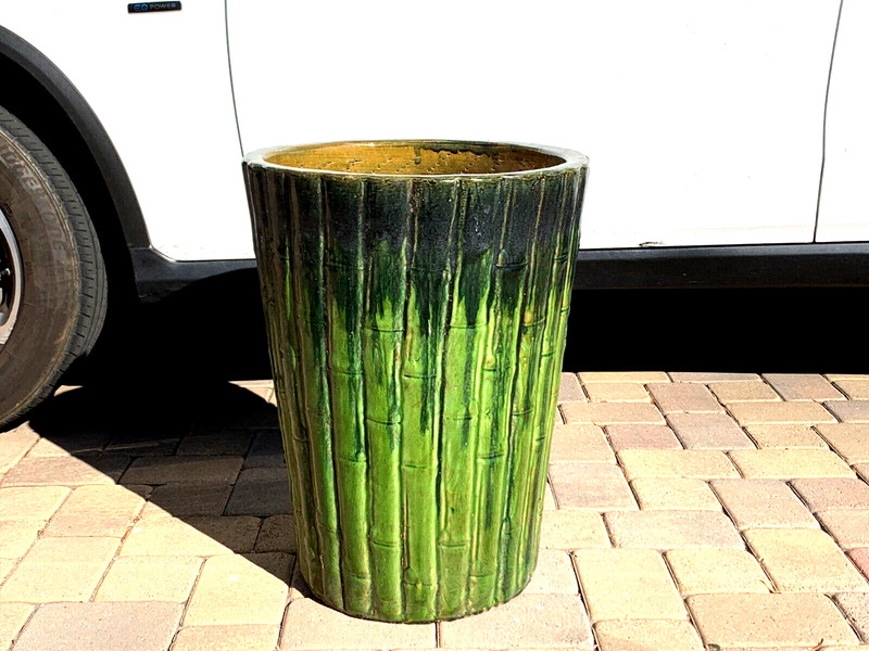 ANTIQUE HUGE 24.5"h CHINESE GREEN POTTERY PLANTER BAMBOO DESIGN VERY RARE