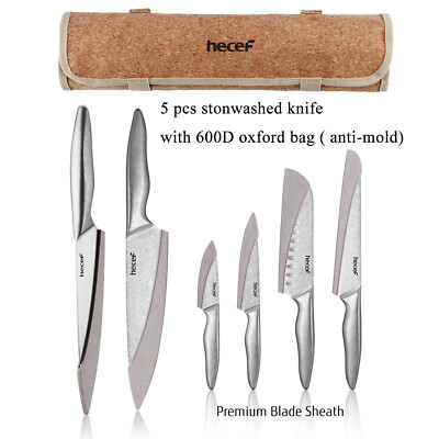 Hecef  Kitchen Knife Set 5Pcs Stonewashed Chef Knife Cutlery Set Dishwasher Safe