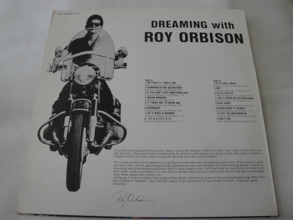 DREAMING WITH ROY ORBISON VINYL LP POINT RECORDS SP 250 STEREO MADE IN CANADA EX - Image 2 of 2