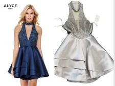 NWT ALYCE PARIS DRESS Fit N Flare Silver Metal Gray Sequined 8