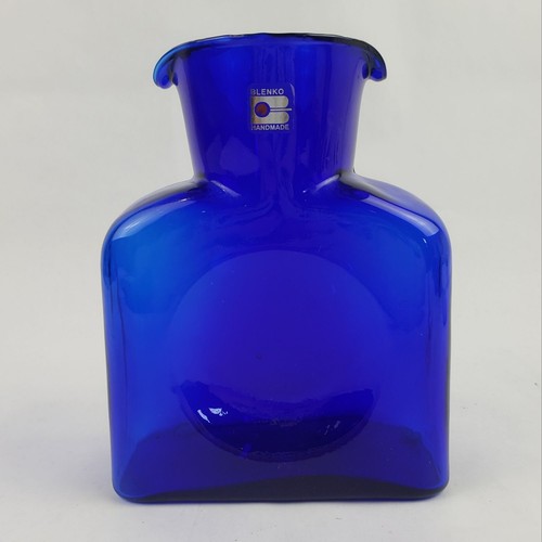 Vintage Blenko Mundgeblasene Kobaltblau Glas Doppel Ausgießer Wasserflasche mit Etikett - Bild 4 von 13