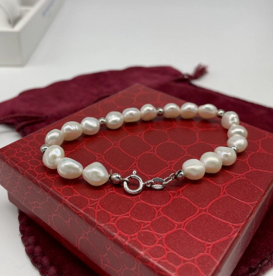 Bracciale femminile di perle naturali bianche barocche 7mm in argento 925 L.20cm - Immagine 2 di 4