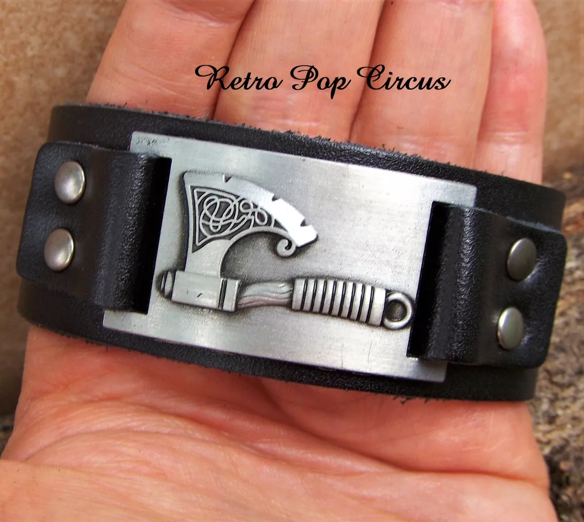 Mens Viking Battle Axe Bracelet Black Leather Wrist Cuff Viking