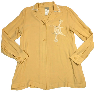 Mondi by Escada Womens Silk Top Sz US M DE 38 Button Up Gold Embroidered NWOT