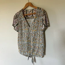Lucky Brand Womens Medium Top Front Tie Floral Cotton Blend Shirt Blouse Boho