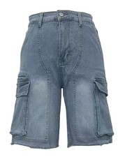 Women's High Waist Light Wash Denim Bermuda Shorts Raw Hem Cargo Jean Shorts wit
