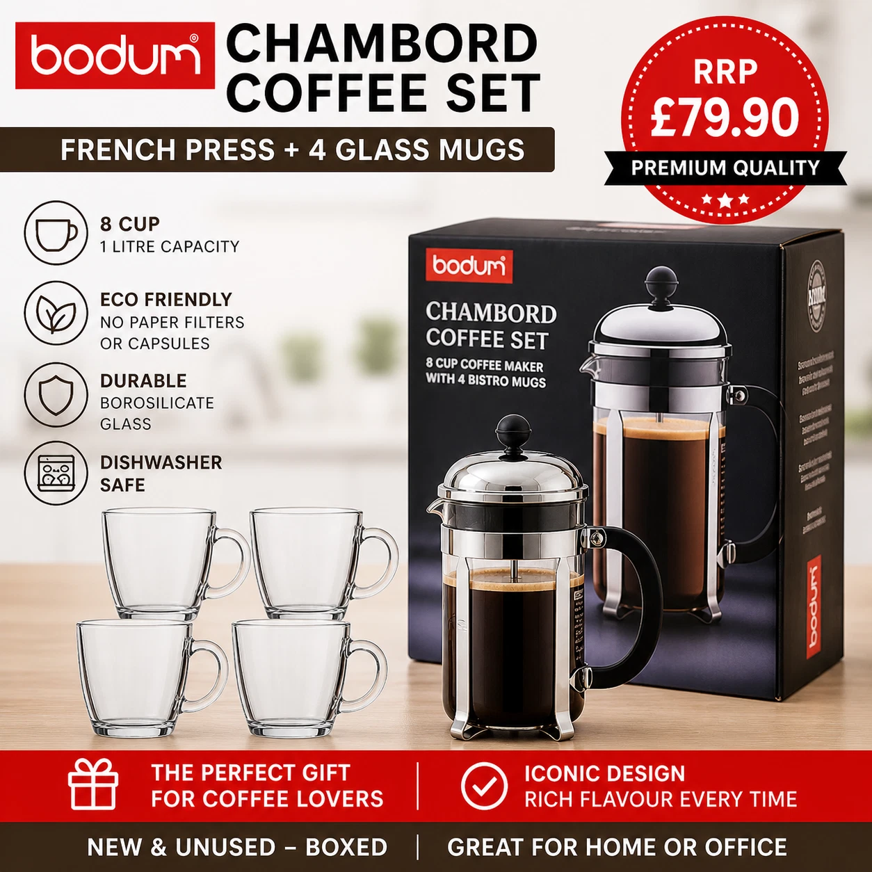 Bodum Chambord French Press 8 Cup 1L Coffee Maker Set 4 Glass Mugs NEW
Opens in a new window or tab