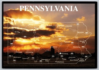 Pennsylvania Amish Seasons Sunset Over Farmland State Highway Map Postcard