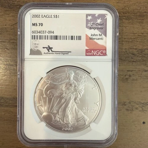 2002 AMERICAN SILVER EAGLE NGC MS70 JOHN MERCANTI SIGNED BEAUTIFUL COIN LOW POP