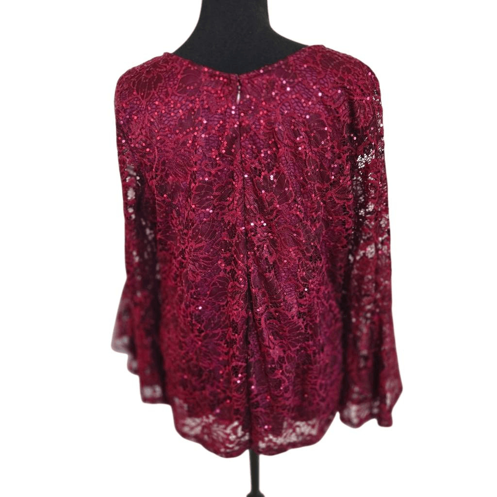 Onyx Nite Womens Lace Sequin Embellished Bell Sleeve Blouse Top Wine Size XL View 2