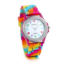 Women's Quartz Casual Boho Wristwatch 30mm Rhinestone Dial Rainbow Silicone Band