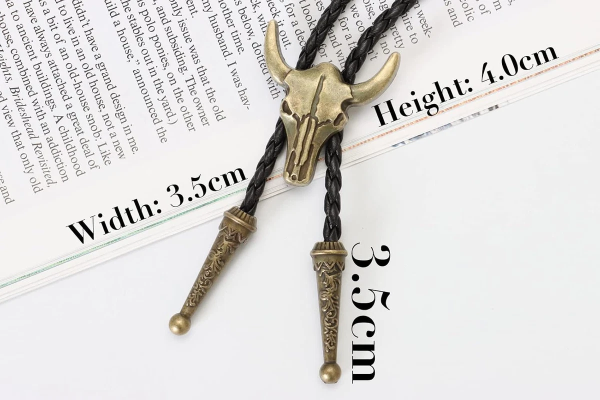 Western Vintage Bolo Tie for Men - Cow Skull Design Cowboy Tie - Black Leather B