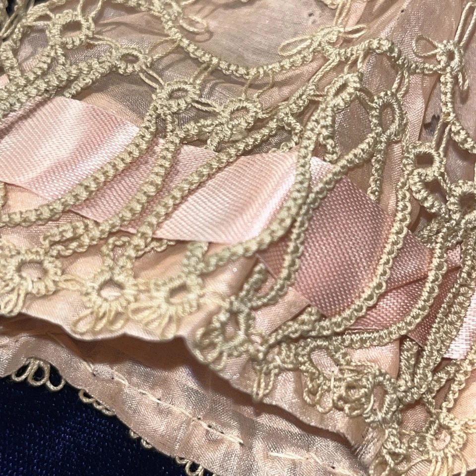 Antique Edwardian Victorian Lace Silk Pink Cap Bonnet Tatted Handmade Crochet - Image 3 of 4