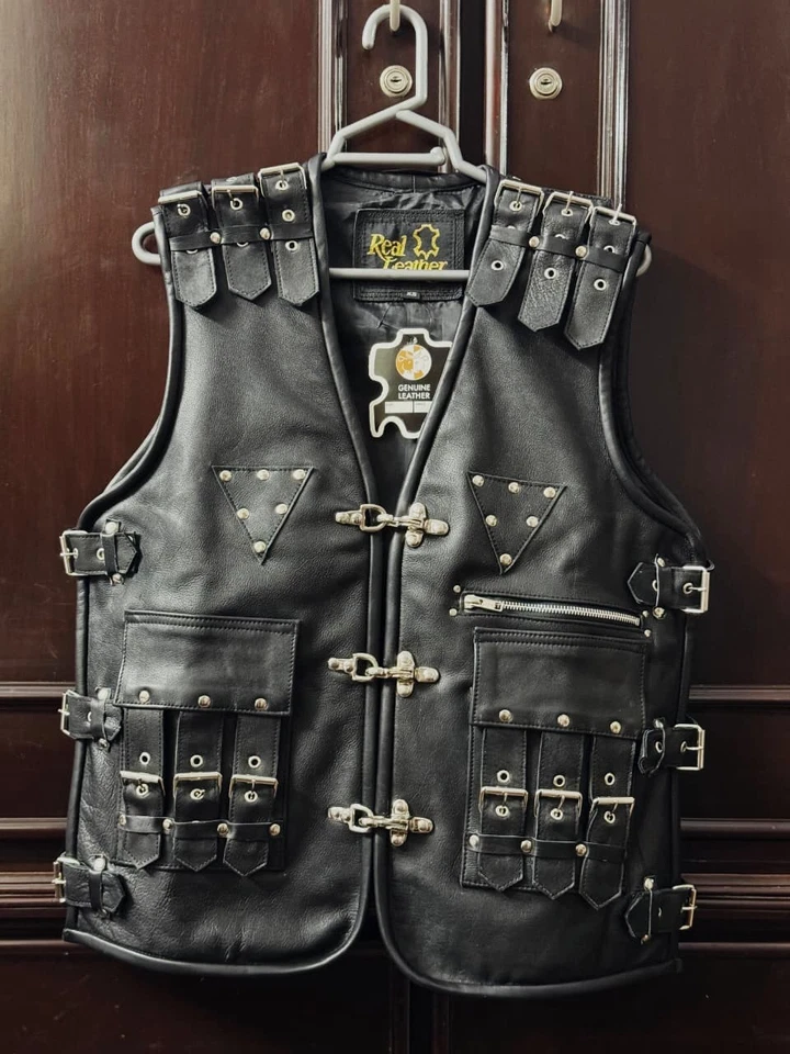 Mens Genuine Leather Biker Vest Gothic Steampunk Style with Metal Buckle & Studs - Image 3 of 4