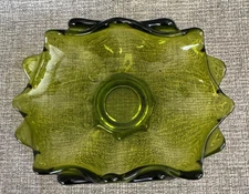 Viking Glass Avocado Green Footed Double Rolled Crimped 16 points Candy Dish Vtg