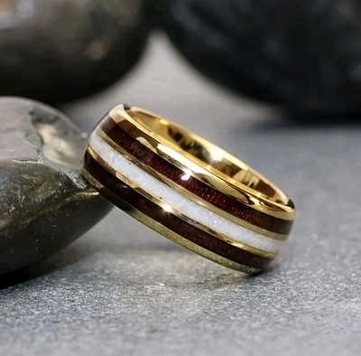 Holz Inlay Ring Gold Edelstahl Muschel Inlay Design Unikat 8 mm Größe O NEU