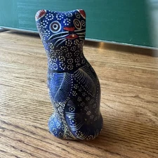 Vintage Mexican Folk Art Pottery Cat Figurine | Hand Painted Tonala Style