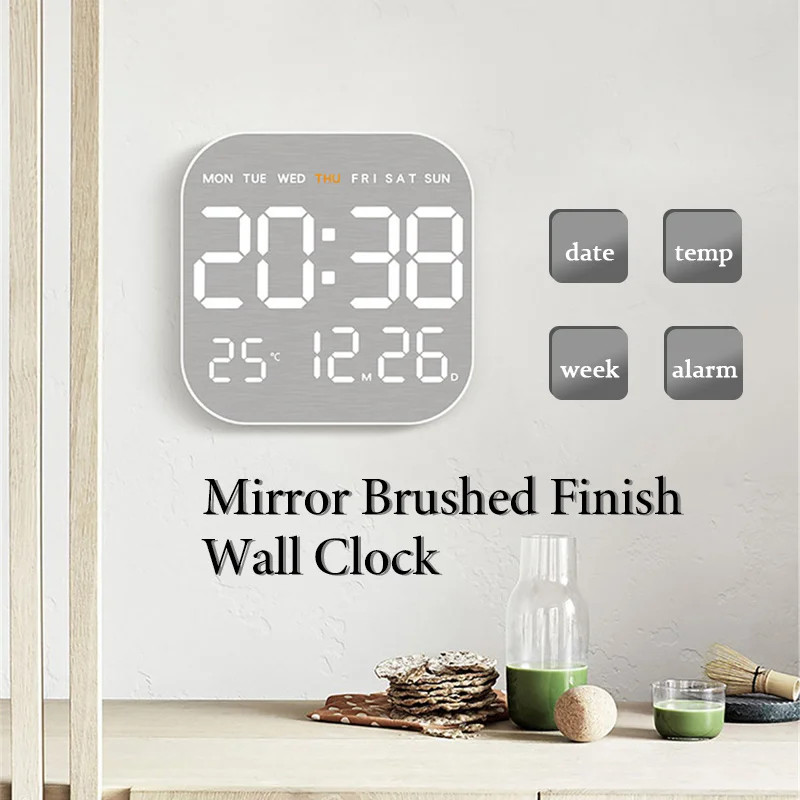 Elegant Mirror Brushed Silent Wall Clock with Temp Display for Home & Office