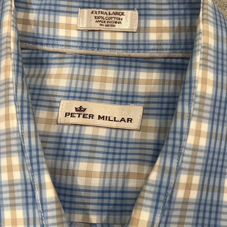 Camisa de vestir Peter Millar para hombre talla XL Oxford azul naranja a cuadros con botones Foto 2 de 2