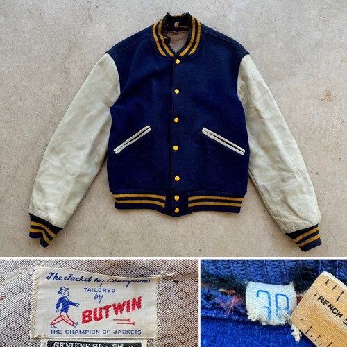 1950s Vtg 2 Tone BUTWIN D Pocket Leather Blue Wool Jacket M 38 Varsity Letterman