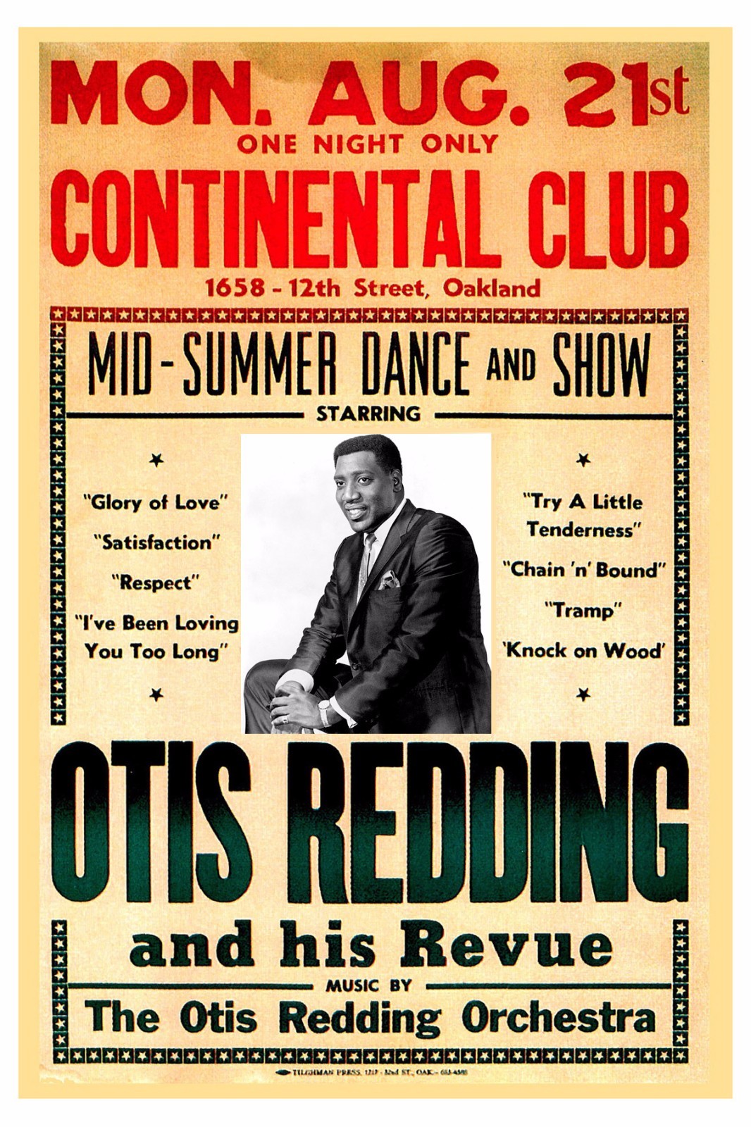 Soul: Otis Redding at The Continental Club in Oakland Concert Poster 1967  12x18 | eBay