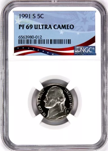 1991-S Proof Jefferson Nickel, Graded PF69UC NGC * OSR Sales Patriotic Label