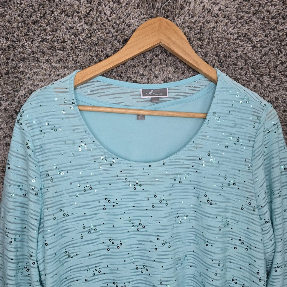 JM Collection Top Womens Plus 1X Blue Scoop Neck Blouse Sequin Attached Tank - Image 4 of 4