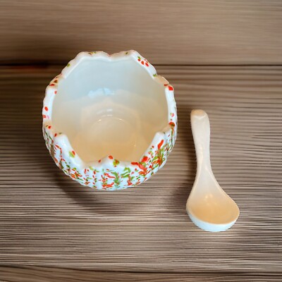 VTG MCM Splatter Speckled Orange & Green Glaze Ceramic Bowl With Spoon Candy