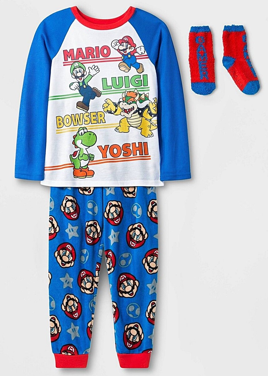 Super Mario Pajamas Size Medium 7-8 Boys piece Set +Socks Luigi