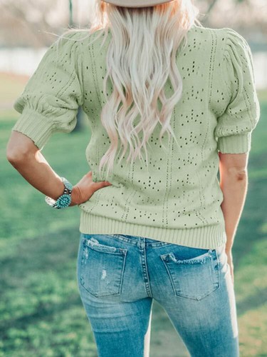 Womens Puff Short Sleeve Sweater Summer Soft Crew Neck Dot Pullover Shirt Medium - Picture 2 of 4