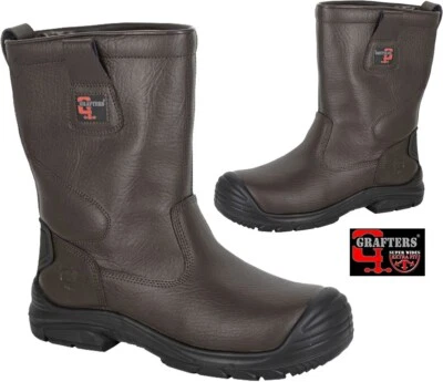 Grafters Leather Rigger Safety Boots Extra Wide Steel Toe Cap Pull On Work Boots