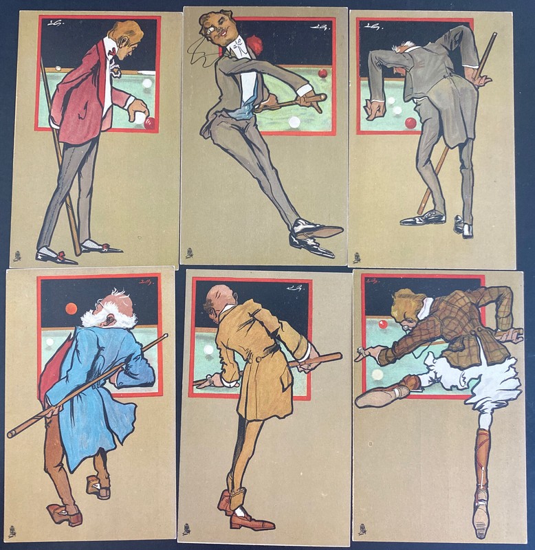 Amazing Collection Lot of 6 Postcard Billiards JVA Set 1900s