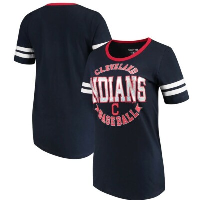 Cleveland Indians 5th & Ocean  New Era Navy Slub Jersey Scoop Neck Stripes Tee
