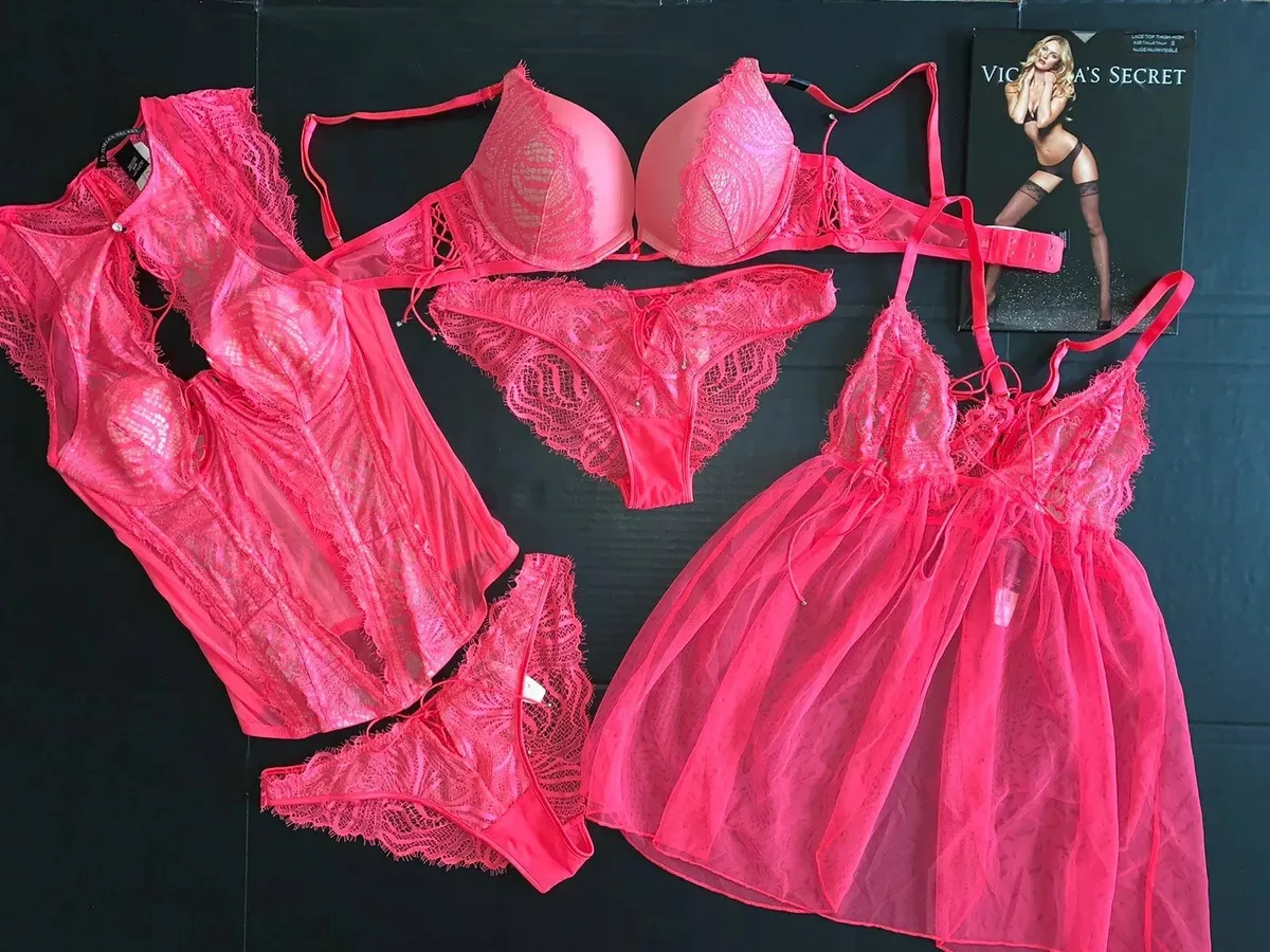 Victoria's Secret 34A BOMBSHELL BRA SET+34B CORSET+BABYDOLL CORAL RED neon  PINK