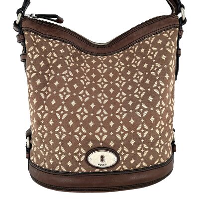 Fossil Maddox Pecan Brown Canvas and Leather Bucket Shoulder Bag
