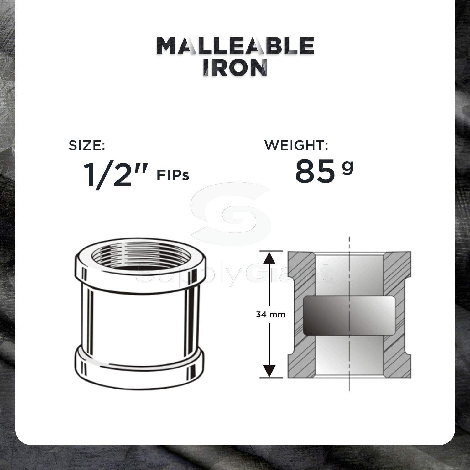 1/2"in-4"in Black Malleable Iron Straight Left/Right Coupling Threaded Pipe Fit