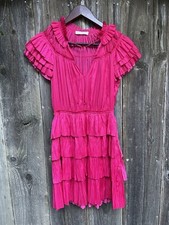 Ulla Johnson Vesna Tiered Ruffle V-Neck Mini Dress Hot Pink Size 2 Orchid Pleat