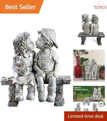 Resin Garden Statue Little Girl Boy Kissing 8.25 Inch Cute Love Figurine