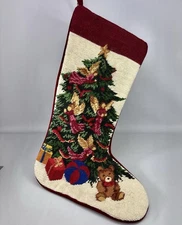 Vtg Needlepoint Stocking Christmas Tree Teddy Bear 19" Dark Red Velvet Back