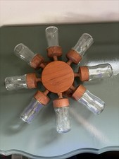 Vintage 1960s Digsmed Danmark Teak Spice Rack Wheel W/8 Glass Jars MCM Kitchen