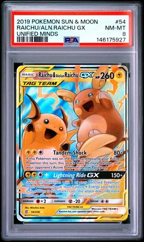 2019 POKEMON SUN & MOON UNIFIED MINDS #54 RAICHU & ALOLAN RAICHU GX PSA 8