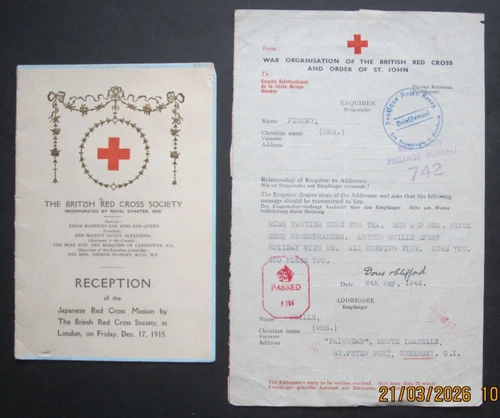 Early Military  card, WW1. Japanese Red Cross & WW11 Guernsey Red Cross 1942