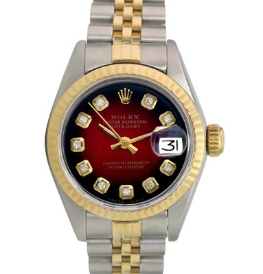 Rolex Datejust Ladies Two-Tone Gold & Steel Red Vignette Diamond Dial Watch 26mm