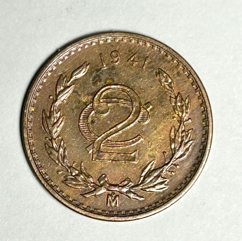 2 PESOS 1941 MEXICO snake world EXCELLENT rare bronze coin AU